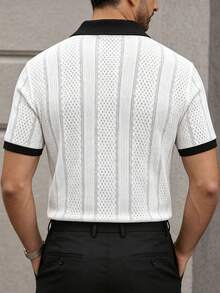 Calvornis Men's Knitted Jacquard Cuff & Collar Contrast Color Casual Business Short Sleeve Polo Shirt, Formal - White - View 2
