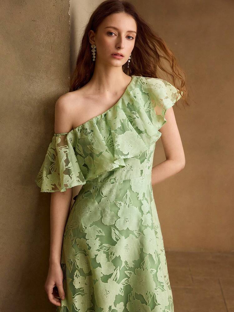 WOMEN'S RUFFLED SHOULDER TEXTURED FABRIC MIDI DRESS, CASUAL & DATE WEAR, SPRING/SUMMER