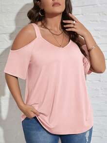 SHEIN LUNE Plus Size Women's Cute Off-Shoulder T-Shirt, Versatile For Daily Wear And Commuting - Pink - View 1