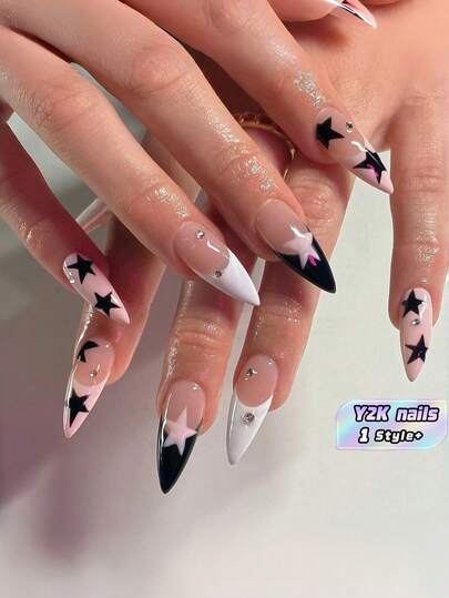 24pcs/Set Y2K Medium Almond Shaped Fake Nail Stickers, White French Tip Stiletto Acrylic Nails With Star Rhinestone Design, Includes 1pc Jelly Gel & 1pc Nail File, Nail Art Accessories For Women Girls Daily Wear Party Christmas Gifts