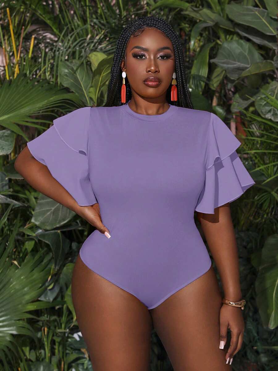 Slaydiva Mono de Body entero con volantes multicapa para verano, tallas grandes, para mujeres, mono de Body entero blanco talla grande - Púrpura malva - Ver 1