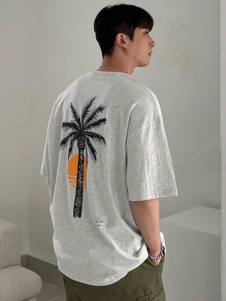 Men's Palm Tree Print Round Neck Short Sleeve Casual Commute T-Shirt For Summer,Graphic Tees Vacation