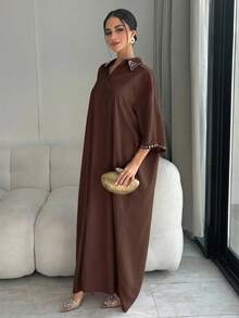 Yasmyna 女士优雅水钻装饰传统阿拉伯长裙 - 咖啡棕 - 查看 5