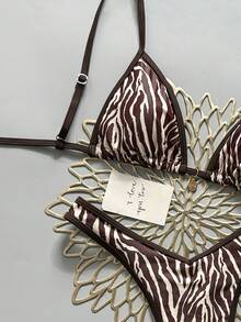Swim SXY 2pcs/Set Random Floral Print Gold Disc Decor Halter Triangle Bra And High Cut Thong Sexy Bikini Swimwear Set, Spring/Summer - Multicolor - View 3