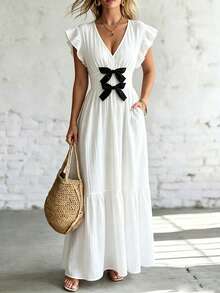 SHEIN Holidaya Đầm nữ dáng ôm, cổ chữ V, tay ngắn, chất liệu mềm mại, điểm nhấn là nơ trang trí, thích hợp cho công sở, mặc hàng ngày và đi nghỉ mát. - trắng - Xem 2
