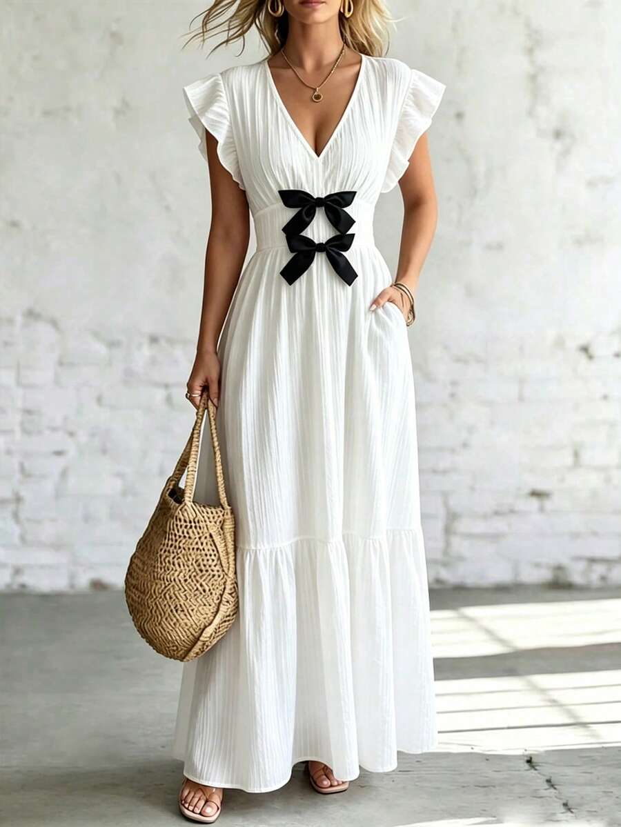 SHEIN Holidaya Đầm nữ dáng ôm, cổ chữ V, tay ngắn, chất liệu mềm mại, điểm nhấn là nơ trang trí, thích hợp cho công sở, mặc hàng ngày và đi nghỉ mát.