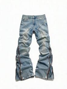 ROMWE MEN Quần jean denim nhiều lớp dành cho nam, có đinh tán kim loại và khóa kéo điều chỉnh được. - Màu xanh lam - Xem 6