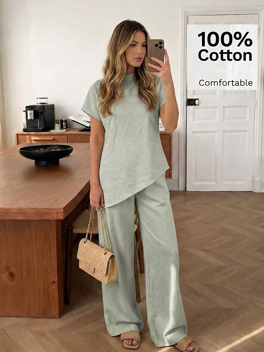 Easowa Bộ đồ nữ 2 mảnh màu mơ, chất liệu 100% cotton, dáng rộng, gồm áo sơ mi cổ đứng tay ngắn cánh dơi vạt bất đối xứng và quần dài, kiểu dáng thanh lịch, phù hợp cho công sở, đi làm và mặc thường ngày, thích hợp cho mùa xuân/hè. - màu xanh lá - Xem 1