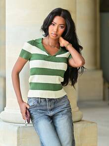 Mima John Contrast Stripe Polo Collar Knit Top, French Street Style Short Sleeve Shirt For Summer - Green - View 1