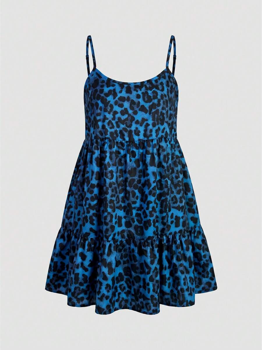 SHEIN EZwear Navy Blue Leopard Print Woven Spaghetti Strap Mini Dress For Women,Summer Dresses For Women - Navy Blue - View 1