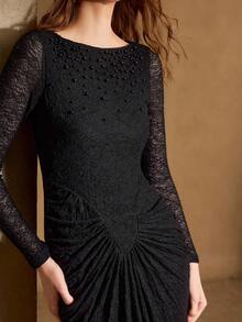 MOTF PREMIUM WOMEN'S ELASTIC JACQUARD STRUCTURED DESIGN FITTED ELEGANT DRESS, SPRING/SUMMER - Black - View 2