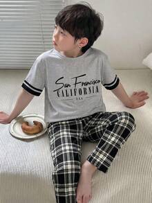 2pcs/Set Boys' Casual Chic Grey Graphic Tee & Relaxed Fit Pants Set, Spring/Summer - Grey - View 4