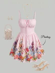 SHEIN MOD Đầm cổ yếm in họa tiết dành cho nữ cỡ lớn, có dây đeo, hoàn hảo cho mùa xuân/hè, đi biển, nghỉ mát, phong cách bohemian và thiết kế kiểu corset. - Hồng - Xem 8