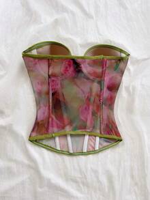 Soleia Watercolor Tie Dye Bow Tie Elastic Mesh Ruched Bustier - Multicolor - View 2