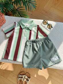 SHEIN 2pcs/Set Baby Boy Light Blue Striped Summer Casual Beach College Style Knit Polo Shirt & Green Shorts,Fashionable Soft Outing Outfit For 0-3 Months - Multicolor - View 5