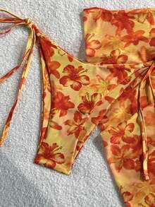Swim Mod Bộ đồ đi biển mùa hè 3 món dành cho nữ: Áo bikini buộc dây cổ yếm họa tiết hoa, quần bikini buộc dây bên hông và váy bikini lưới xuyên thấu. - Nhiều màu - Xem 6