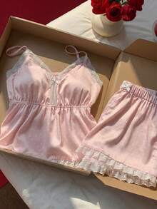 Comfortcana 女士甜美波点印花蝴蝶结装饰吊带背心和蕾丝边短裤两件套 - 淺粉色 - 查看 6