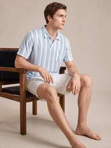 EverLounge 春夏时尚休闲复古条纹 Polo 衫和波浪印花短裤男士家居服套装 - 彩色 - 查看 6