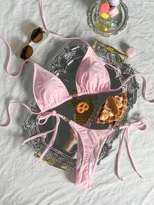 Swim Mod 女士热带性感可爱挂脖系带比基尼套装，三角罩杯，正面金属装饰，侧边系带泳裤，热门沙滩度假休闲优雅情人节比基尼套装 - 粉色 - 查看 2