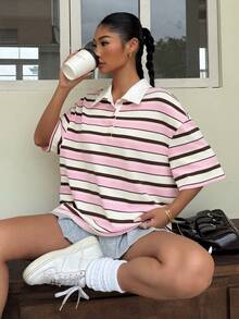 Muchica T-shirt à rayures rose et marron, top en maille à manches courtes coupe ample décontractée style preppy pour la rentrée scolaire, t-shirt streetwear sportif Y2K doux et confortable, vêtement polyvalent pour le quotidien, top polo oversize mignon pour la rentrée, les voyages et l'extérieur, chemise rétro à col décontractée, style campus, pour l'école en été et la rentrée scolaire - Rose bonbon - Voir 4