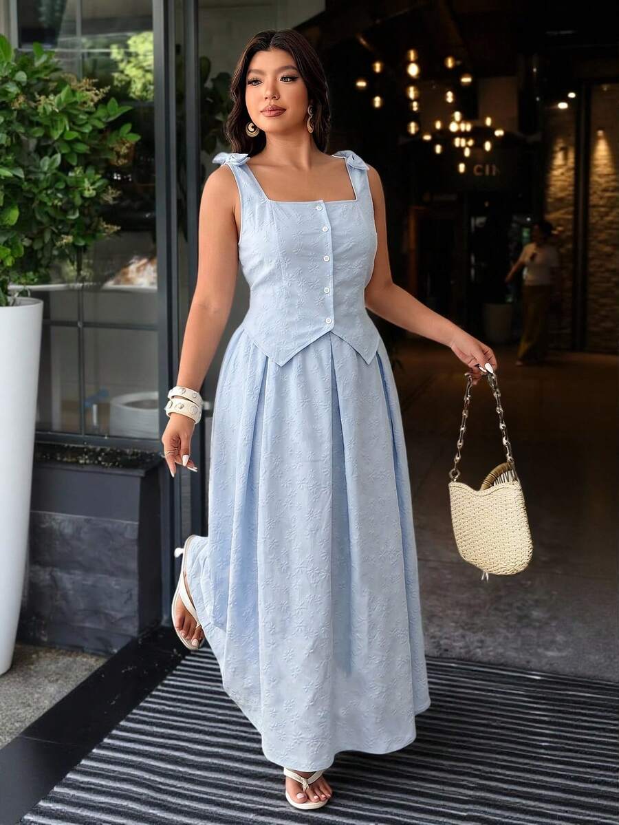 Modelyn Plus Size Solid Color Jacquard Camisole With Bow Tie Shirt And A-Line Skirt Casual 2-Piece Set For Women Gym Brown Summer - Baby Blue - View 1