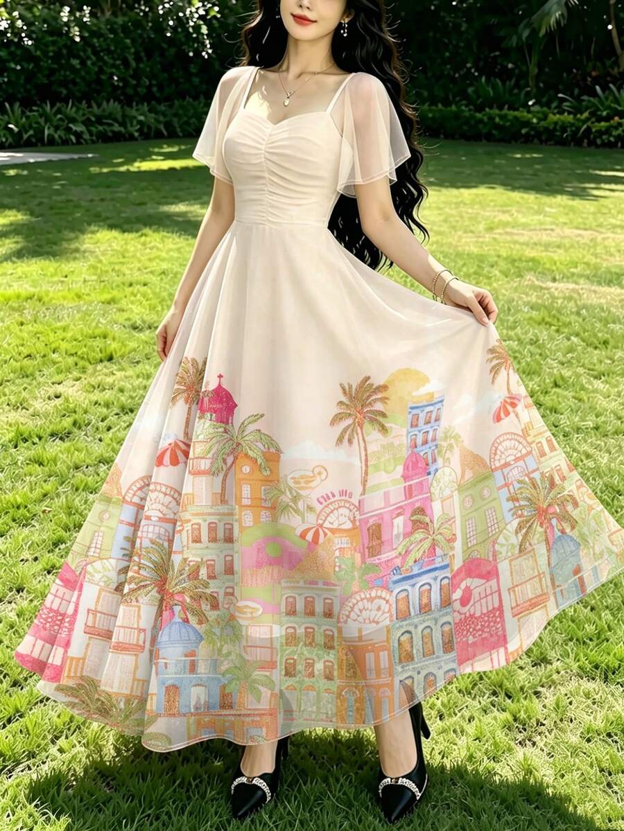 Modelyn 杏色法式连衣裙,饰以风景和棕榈树图案,时尚方领荷叶边短袖设计,收腰长款度假连衣裙,适合夏季度假和日常穿着。 - 彩色 - 查看 1