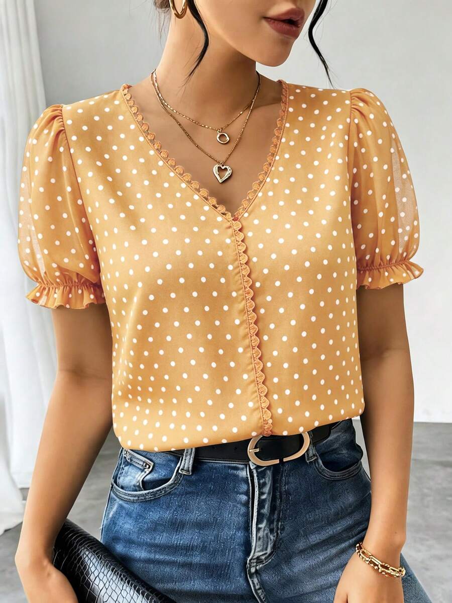 RosyDaze Blus Chiffon Polkadot Prancis Modis untuk Wanita, Kemeja Lengan Pendek Elegan dan Berkerut untuk Musim Panas - Kuning - View 1