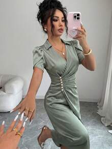 Modelyn Petite 女款夏季優雅純色交叉領花瓣袖仿珍珠裝飾抓皺腰長洋裝 - 綠色 - 查看 5