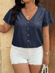 SHEIN VCAY Plus Size Women V-Neck Single-Breasted Fashionable Versatile Blouse, Suitable For Daily Commute - Navy Blue - View 4
