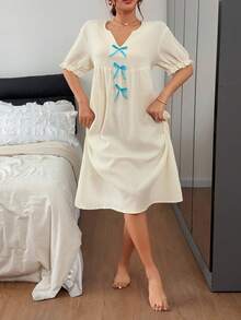 DAZY 女款夏季缺口領撞色蝴蝶結裝飾寬鬆睡裙睡衣 - 白色 - 查看 5