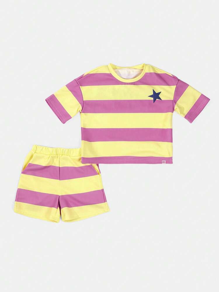 Studios Striped Co-Ord Set Cropped T-Shirt And Shorts Bold Horizontal Stripe Star Logo Summer
