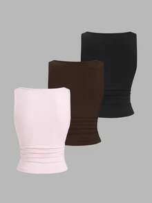 Sweetra Women's Boat Neck Basic Solid Color Pleated Fitted Camisole - Multicolor - View 2