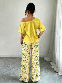 SHEIN VCAY Women's Vacation Asymmetrical Shoulder Solid Color Shirt And Lemon Print Casual Pants 2-Piece Set - Multicolor - View 2