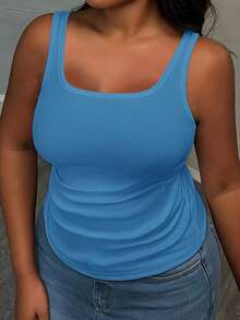 Slaydiva Women's Plus Size Casual Basic Racerback Sleeveless Deep V-Neck Ribbed Side Ruched White Semi-Sheer Camisole - Teal Blue - View 4