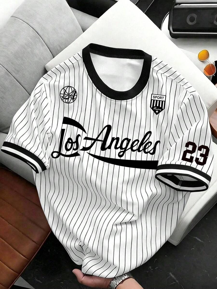 Manfinity Hypemode Los Angeles 23 棒球風格 T-shirt,黑白條紋夏季街頭風城市度假復古直條紋運動休閒短袖上衣,度假款 - 彩色 - 查看 1