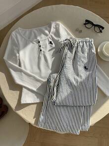 Comfortcana Women's Summer Blue And White Stripe 2-Piece Set,Casual Lounge Button Top & Embroidered Pants Outfit,Navy Blue Beach,Thanksgiving,Christmas Apparel - Navy Blue - View 4