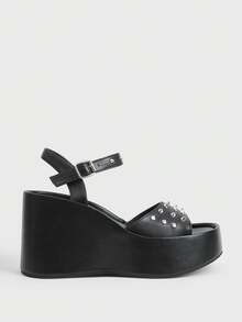 Sugerpunk Giày nữ Women Shose, dép xăng đan đế xuồng thời trang nữ, kiểu dáng punk mùa xuân hè, có khóa cài giữa, thiết kế đinh tán trang trí, hở mũi, dễ dàng mang đi hộp đêm hoặc đi làm. - màu đen - Xem 1