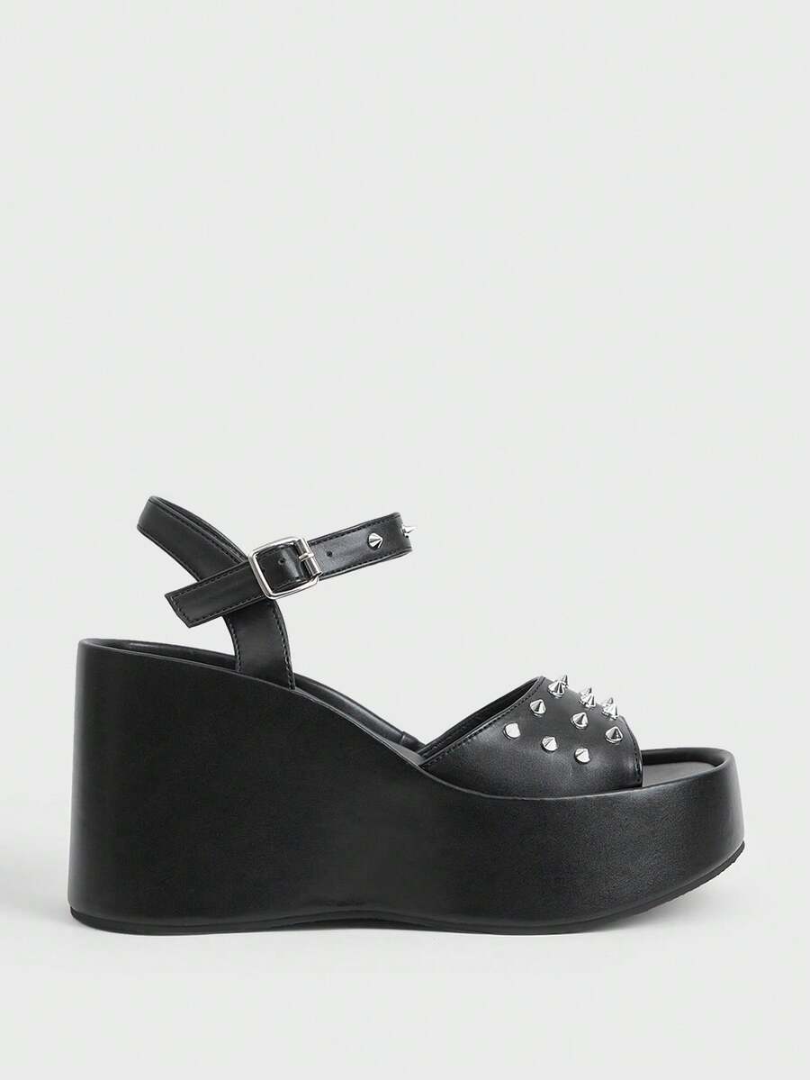 Sugerpunk Giày nữ Women Shose, dép xăng đan đế xuồng thời trang nữ, kiểu dáng punk mùa xuân hè, có khóa cài giữa, thiết kế đinh tán trang trí, hở mũi, dễ dàng mang đi hộp đêm hoặc đi làm. - màu đen - Xem 1