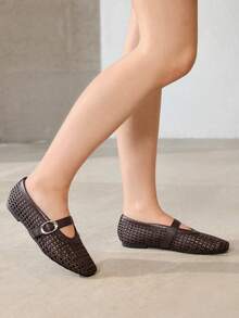 MOTF PREMIUM SPRING AND SUMMER NEW FRENCH BROWN FASHION RETRO HOLLOW WOVEN FISHING NET SHOES WOMEN'S BALLET SHOES SQUARE TOE FLAT MARY JANE SHOES LIGHT AND COMFORTABLE MULTI-FUNCTIONAL BREATHABLE WEAR-RESISTANT DOES NOT HURT FEET CASUAL TEMPERAMENT HIGH-END BEACH SHOES - Coffee - View 6