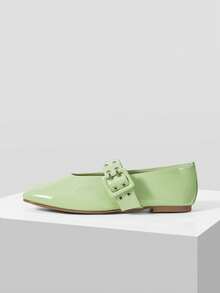 MOTF PREMIUM WOMEN SHOES NEW FRENCH RETRO FASHION LIGHT GREEN PU LEATHER DOUBLE-BREASTED RIVET BUCKLE SQUARE TOE FLAT-SOLED SHOES, COMFORTABLE AND VERSATILE, LIGHTWEIGHT AND NOT TIRED FEET, SIMPLE ATMOSPHERE, CASUAL AND HIGH-END FOREIGN MARY JANE SHOES - Light green - View 3
