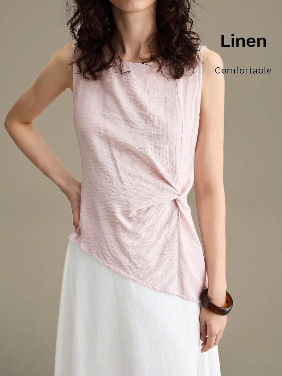Ontre Blusa sin mangas de mezcla de lino 2026SS con diseño asimétrico retorcido, adecuada para vacaciones, fiestas, casual, trabajo, elegante, top corto morado rosa - Rosa - Ver 1
