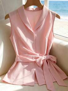 SHEIN PariChic Blusa sin mangas de unicolor con lazo en la cintura, estilo de commuter francés, adecuada para el Día de la Madre, reuniones familiares, ir al trabajo y atuendos elegantes - Rosa - Ver 4