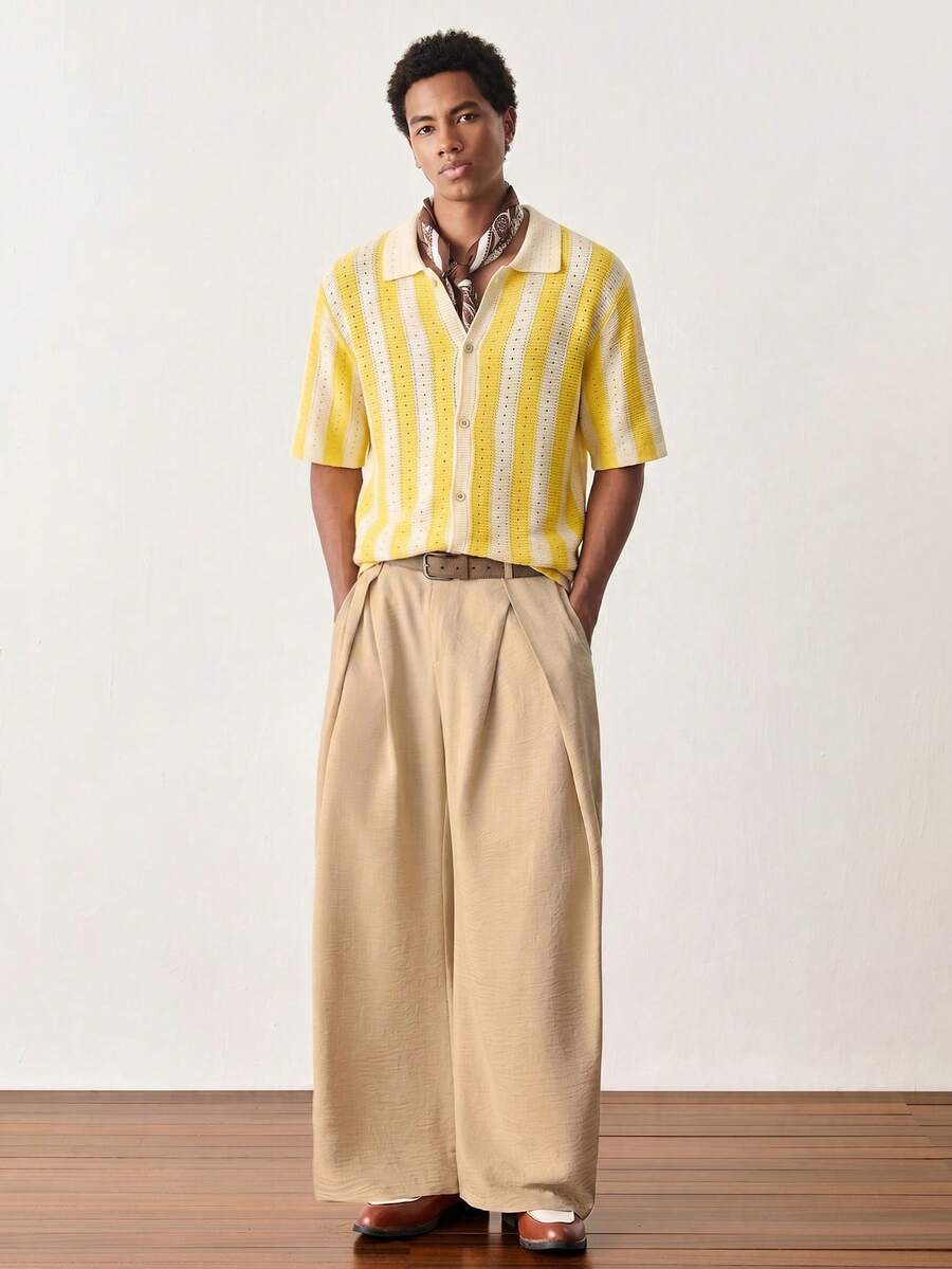 NORVETH Men's Striped Single-Breasted Casual Everyday Knit Top - Yellow - View 1
