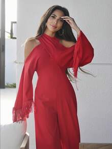 Alya Khalil 2025 秋冬新款优雅通勤纯色修身亮红色十字领口和流苏长袖女式连体裤，适合派对和日常外出、乡村音乐会服装、万圣节、圣诞节、夜间外出、婚礼宾客礼服、生日礼服、女士早午餐服装、日常外出 -A - 紅色 - 查看 3