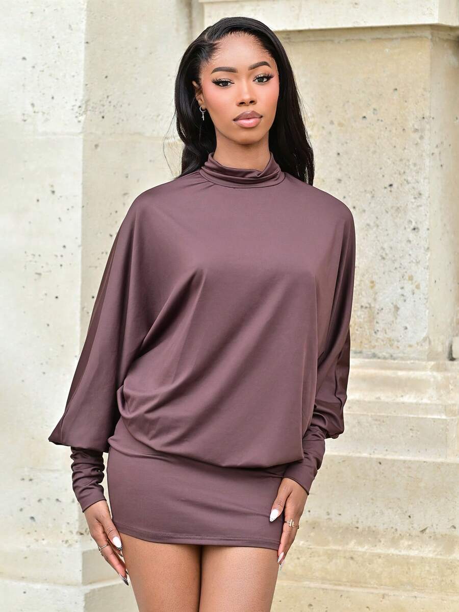 Mima John Fashionable Turtleneck Batwing Sleeve Open Back Bodycon Mini Dress For Women Figure Flattering Short Backless Dress Party Elegant