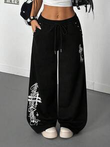 StreetHx Pantalones rectos de cintura baja de mujer con estampado de cruz y tachuelas, de estilo casual, deportivo y escolar, versátiles, pantalones negros de verano - Negro - Ver 1