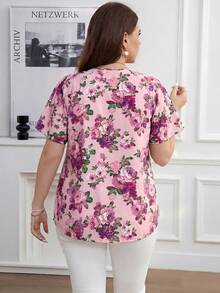 Reflora Plus Size Printed Front Tie Collar Summer Shirt - Pink - View 2