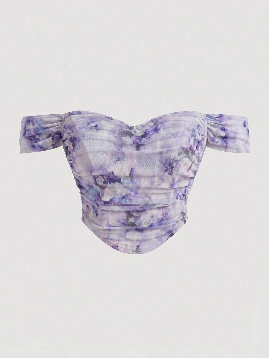 SHEIN MOD Atasan Wanita Ukuran Plus Modis Elegan dengan Hem Melengkung dan Bahu Terbuka - Purple - View 1