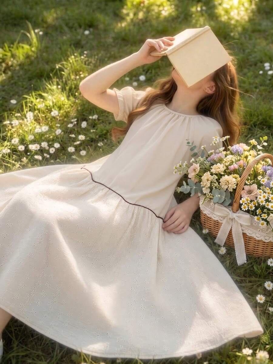 Đầm thêu họa tiết quả mơ cho bé gái, tay áo xếp ly kiểu Pháp, gấu đầm bồng bềnh, kiểu dáng công chúa tươi tắn, ngọt ngào, thích hợp cho các hoạt động hàng ngày. - Màu be - Xem 1