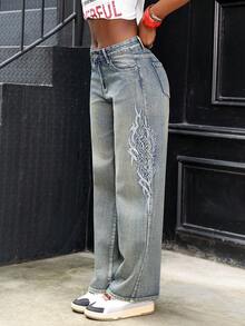 Jeanoix Quần jean denim thêu họa tiết thời trang gợi cảm phong cách Y2K dành cho nữ, kiểu dáng wash. - Rửa tối - Xem 1